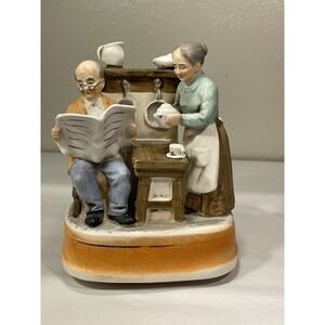 Vintage Ceramic Grandma And Grandpa Music Box " Home Sweet Home "